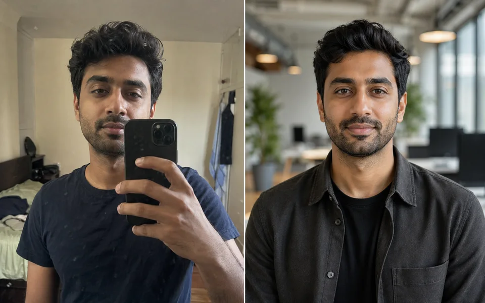 Mirror selfie to founder profile before and after comparison