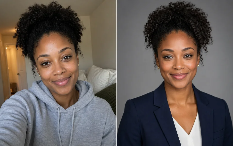 Natural selfie to corporate-ready before and after comparison
