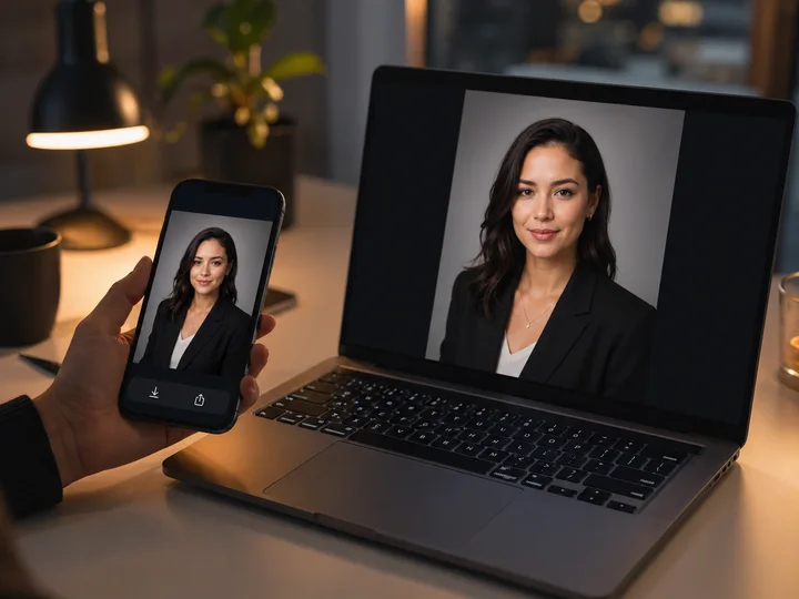 Finished professional AI headshot previewed on phone and laptop
