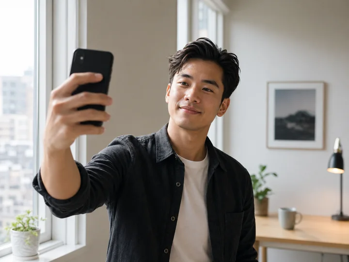 Professional taking a clear selfie near a bright window